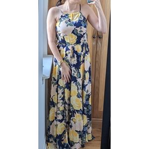 Lulus Navy Blue & Yellow Floral Print Maxi Dress